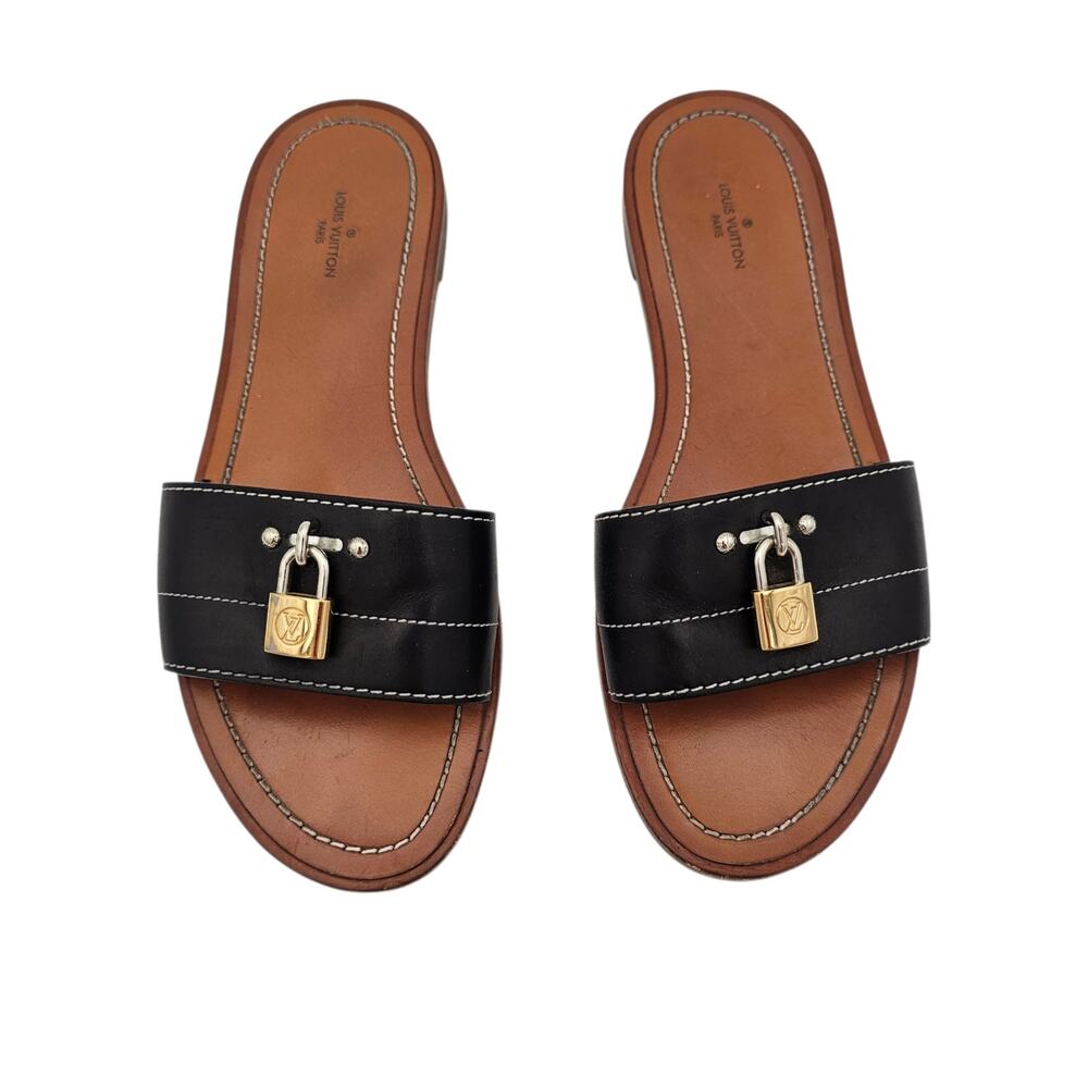 Louis Vuitton Lock It Flat Slide Sandal Black Brown Leather Gold Size 38 US 8 - Picture 3 of 13